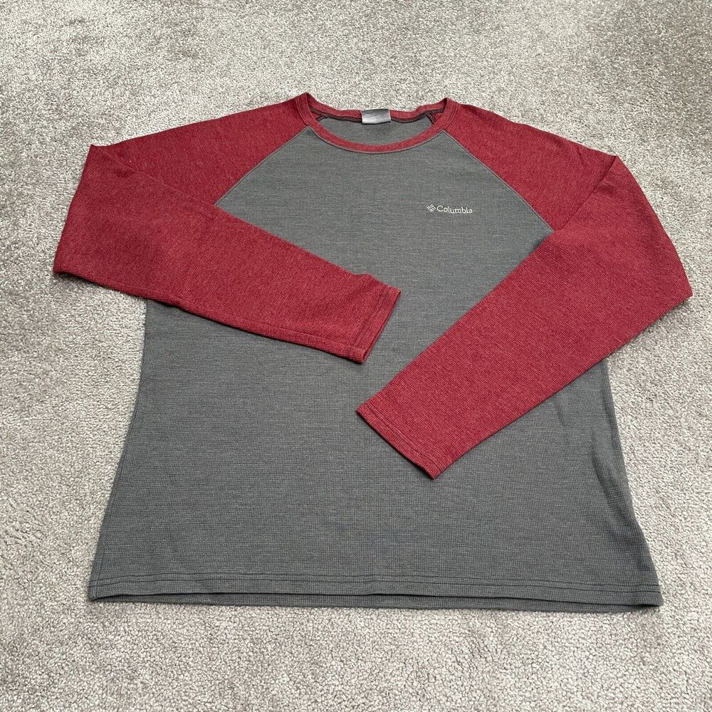 Columbia Shirt Mens Large Red Gray Crew Neck Long Sleeve Casual Outdoor Casual